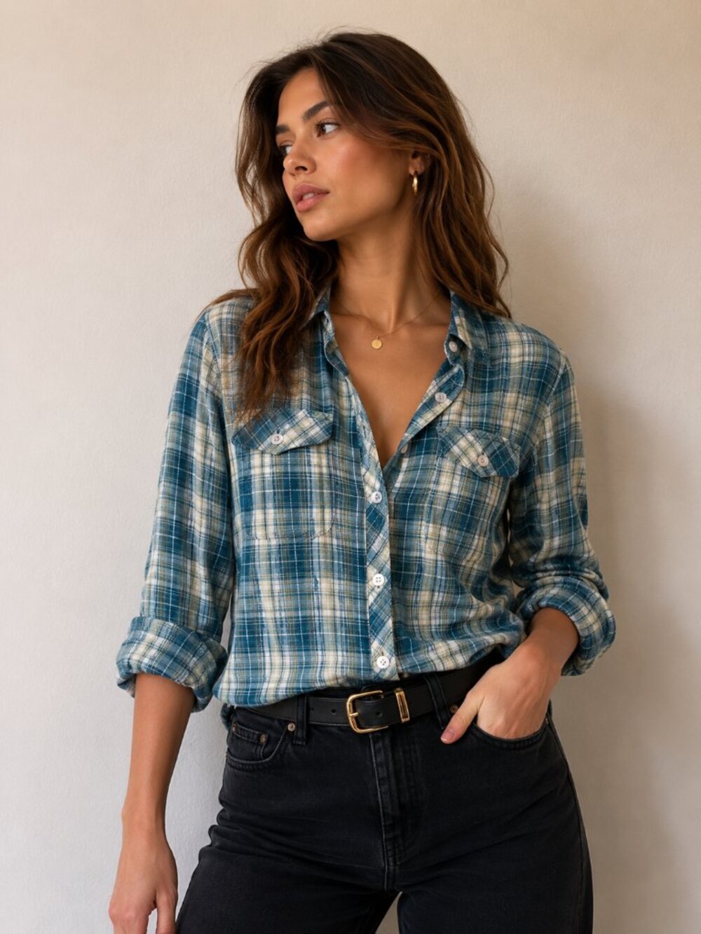 Blue plaid button down shirt